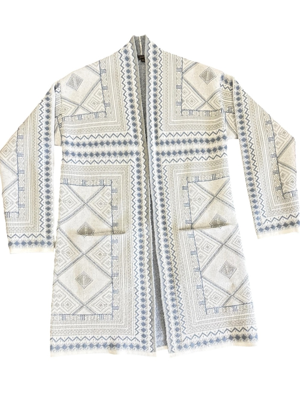 Max Sport open front, long, duster cardigan w/ Southwestern pattern. Small